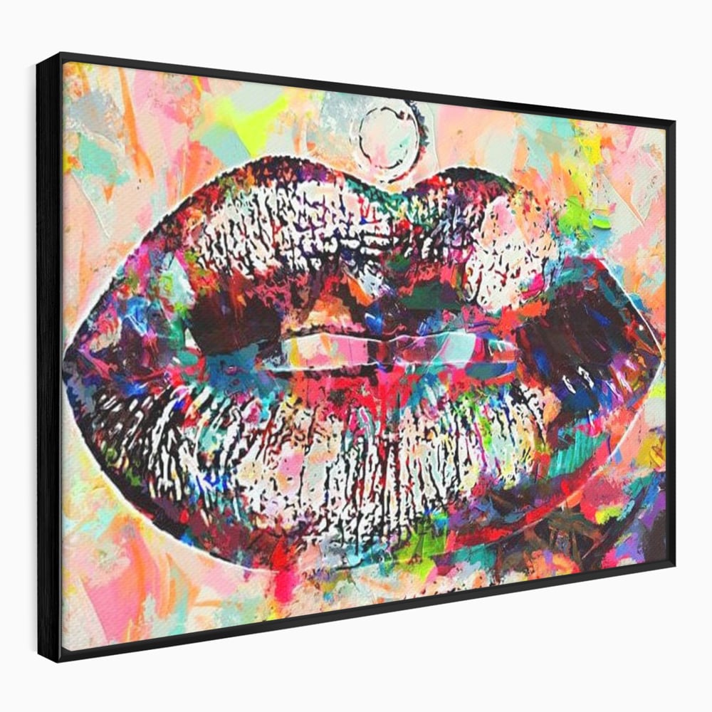 Tablou canvas cu tablou canvas cu buze pop art, in rama de aluminiu negru